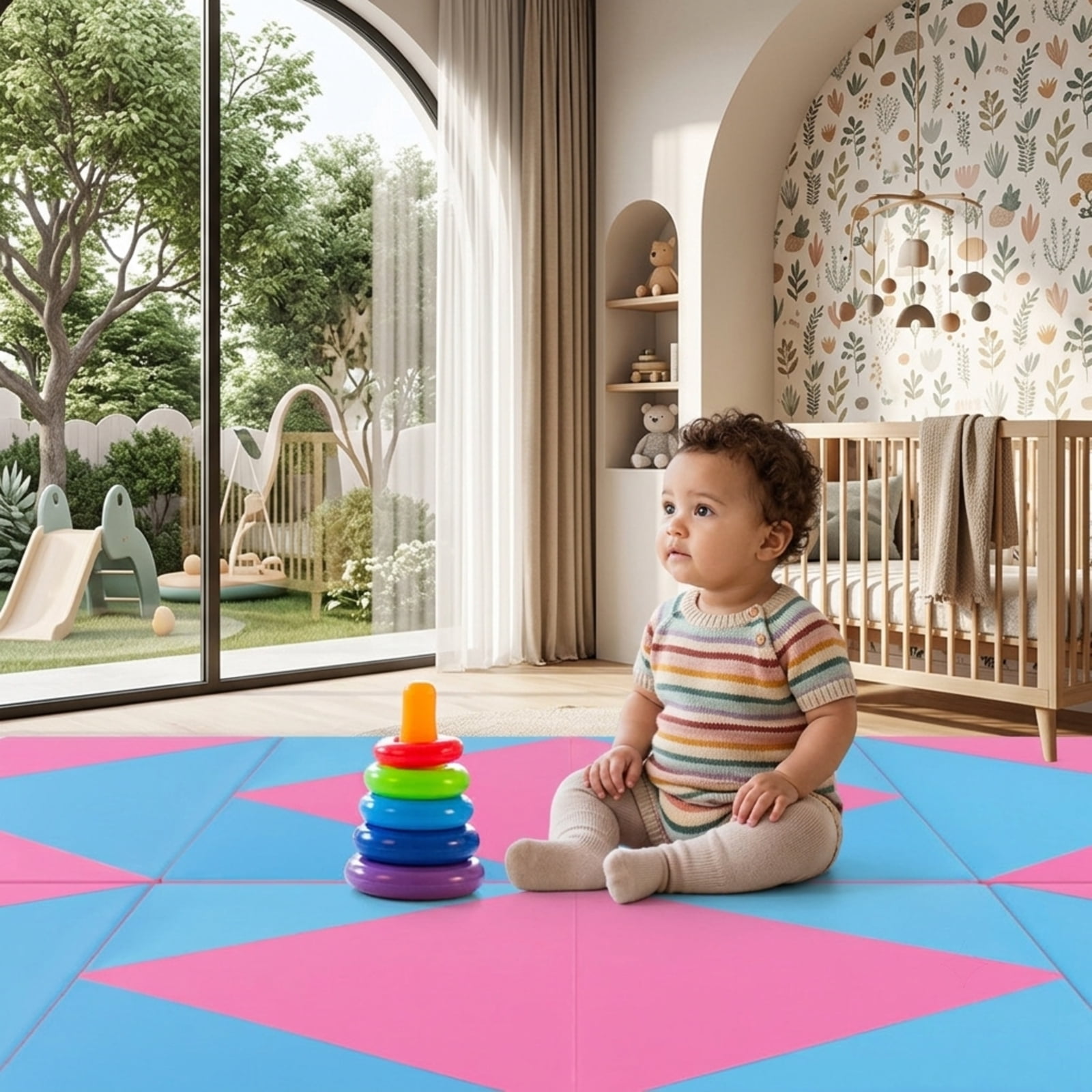Airfind 8 Feet PU Leather Folding Gymnastics Mat with Hook and Loop Fasteners and Carry Handles for Kids Tumbling and Cheerleading, Blue