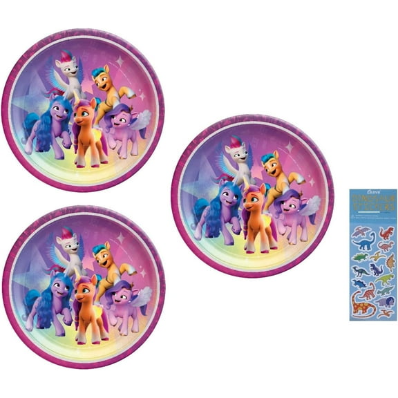My Little Pony Birthday Party Supplies Bundle Includes 24 Party Paper Plates 9" and 1 Dinosaur Sticker Sheet