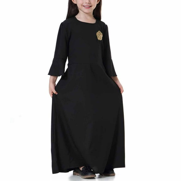 naisibaby Big Girls Muslim Long Dress, Medium Long Sleeve Crew Neck Colorblock Dress Black 6-7T