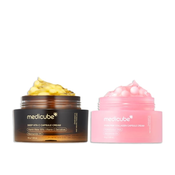 Dúo Skin & Firm medicube Hidratante Facial con Cápsulas Doradas de Vitamina C Profunda 60 mL y Crema con Cápsulas de Colágeno Rosa de ADN de Salmón PDRN 60 mL