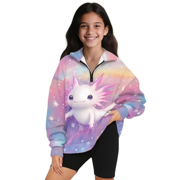 Uorisanigo Girls Half Zip Cropped Pullover Sweatshirt Rainbow Axolotl Long Sleeve Pullover Top Oversized Sweatshirts for Kids Quarter Zip Hoodies for Fall Winter Spring