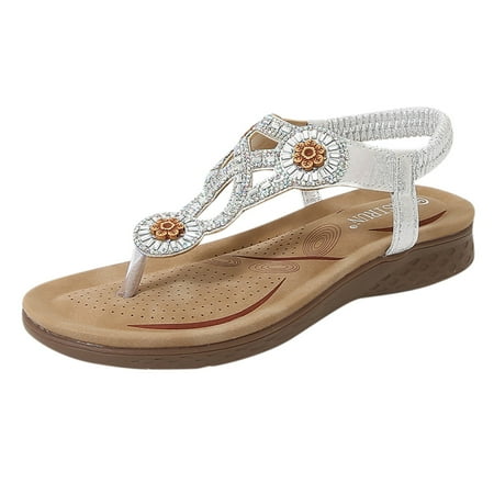 

XINSHIDE Women Sandals Flats Shoes Comfort With Elastic Ankle Strap Casual Bohemian Beach Shoes Slip On Rhinestone Sandals Female Flats Open Toe Fashion Shoes
