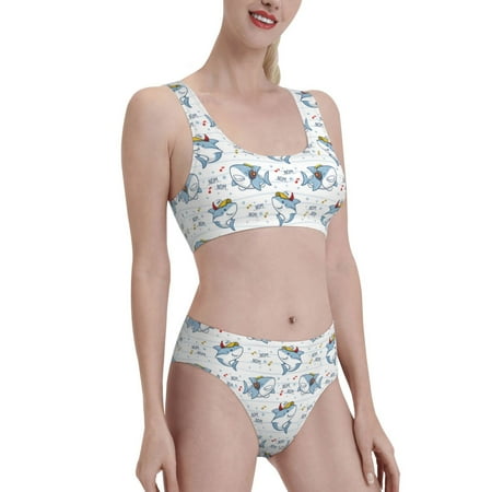 Uemuo Party Shark Cute Printed Women s High Waisted Bikini Sets Sporty Two Piece Swimsuits Color Block Cheeky High Cut Bathing Suits-XX-Large