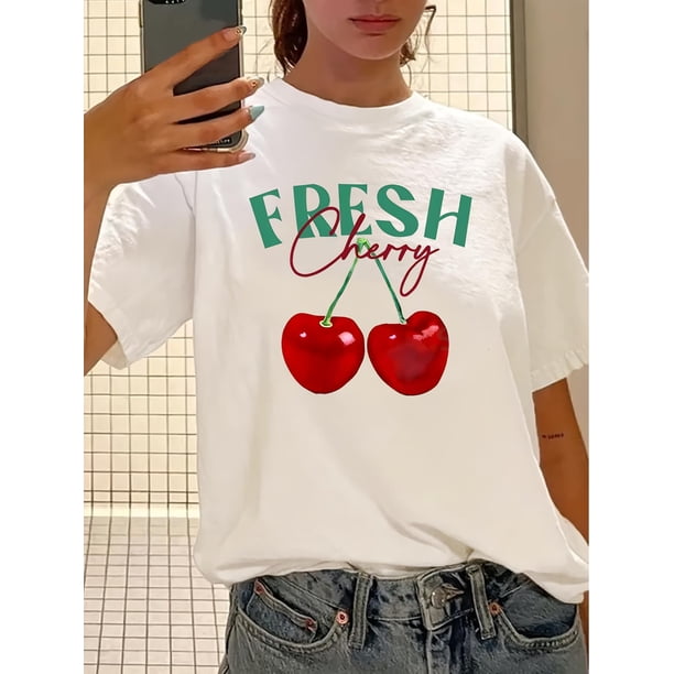 1pc Vintage Style Women'S T-Shirt, Fresh Cherry Print, Round Neck, Short Sleeve, Polyester Knit Fabric, Geometric Pattern, Regular Length - Summer Casual Top