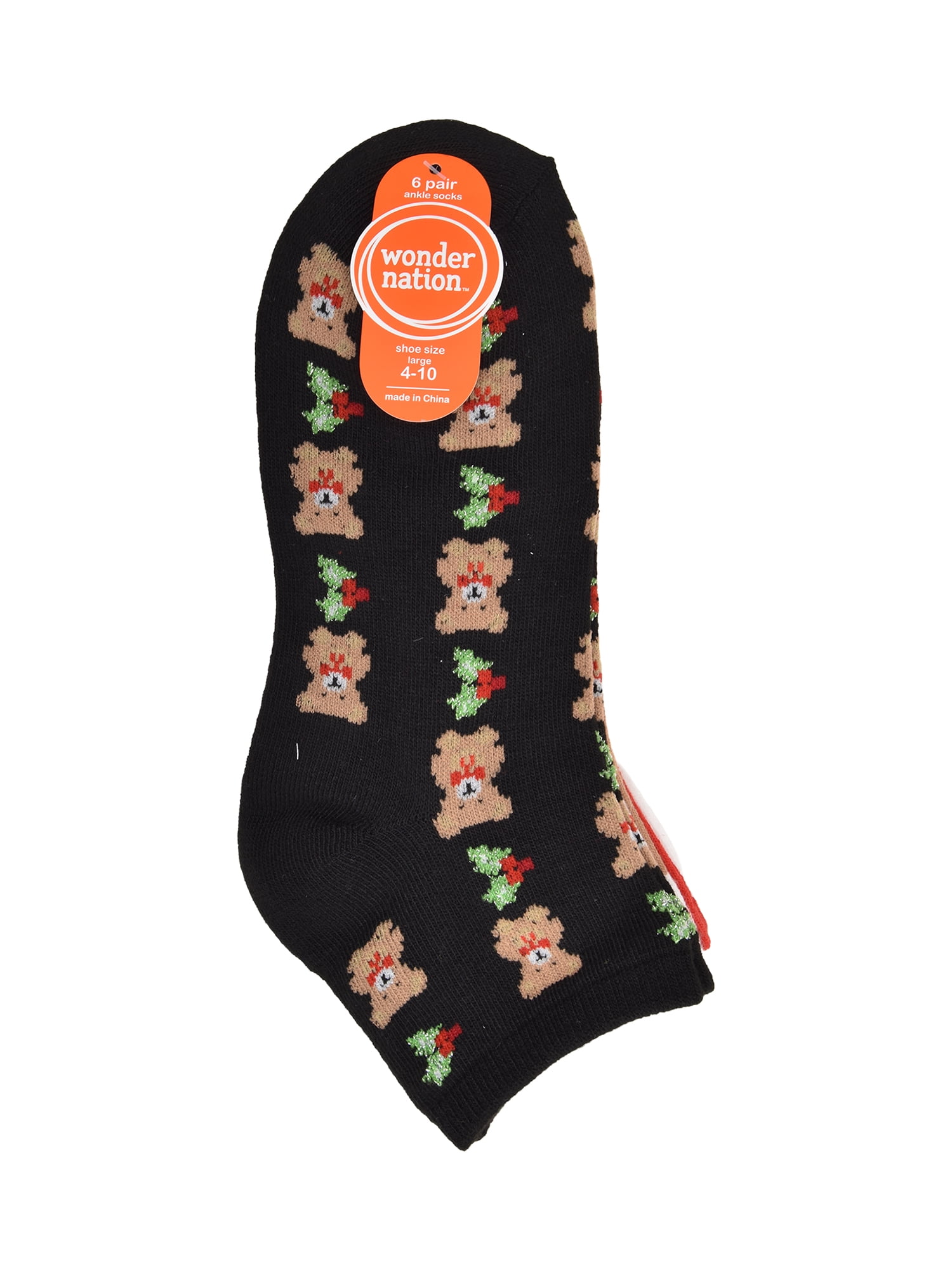 Wonder Nation Girls Teddy Bear and Holiday Quarter Crews Socks, 6-pack, Size Large (Shoe Size 3-9)