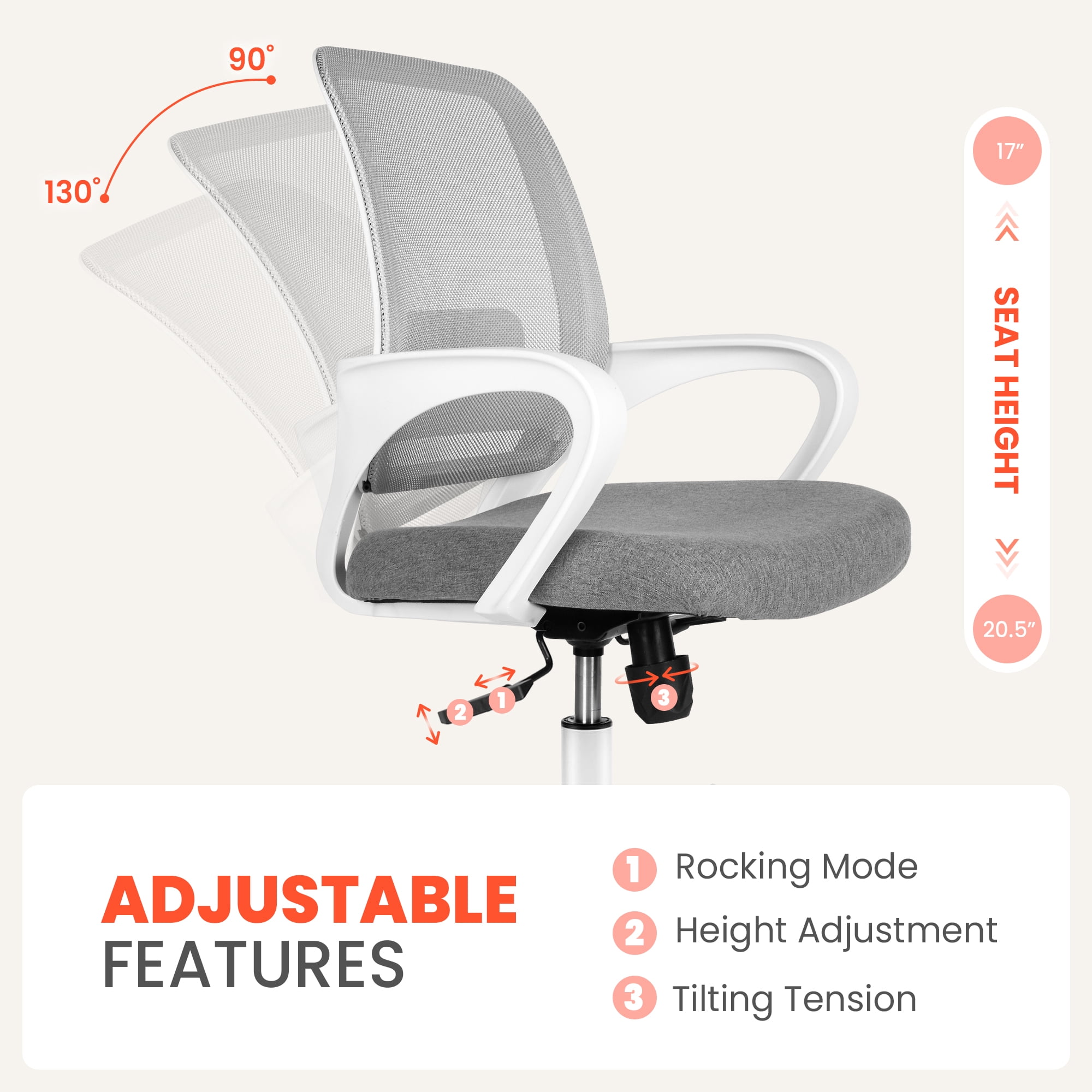 NEO Chair Office Desk Ergonomic Mesh Computer Chair with Lumbar Support Adjustable Height Swivel Rolling Wheels Comfy Mid Back Task Chair for Home Bedroom Vanity Study (Grey)
