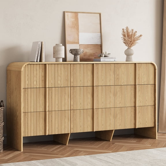 NVCODSA 60.2" 9 Drawer Dresser for Bedroom, Natural Fluted Dresser Chest of Drawers for Living Room, Hallway