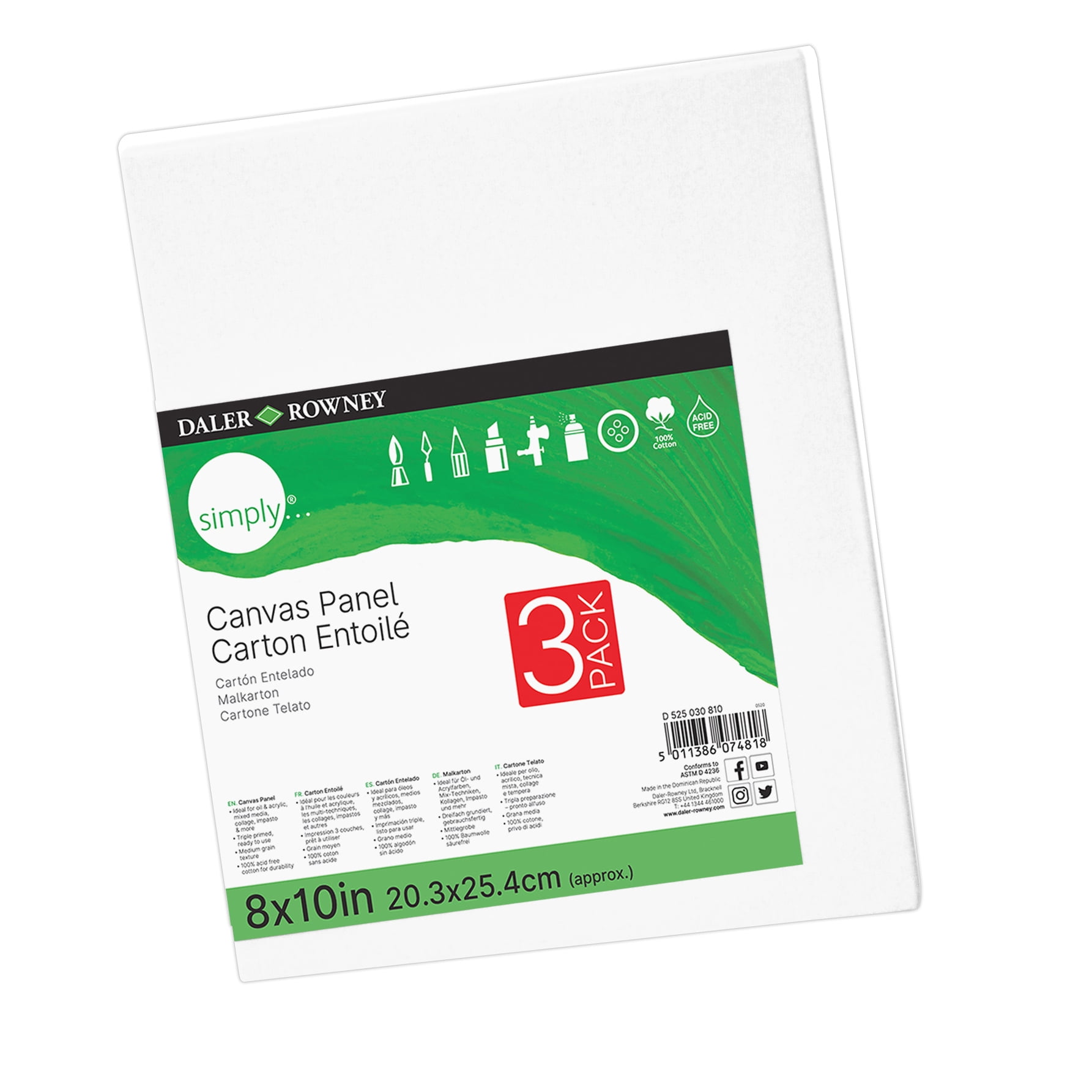 Daler-Rowney Simply White Canvas Panels Set, 8" x 10", 3 Per Pack, 6 Packs