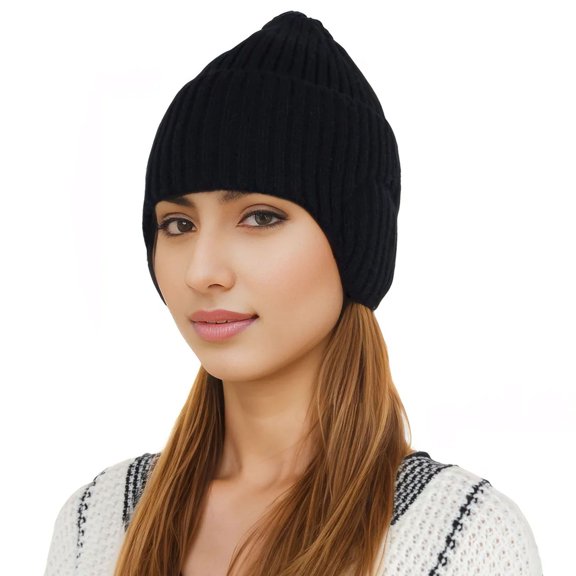 Warm Winter Knitted Beanie Hat with Earflap Daily Headwear Ski Mask for Men Women- Black