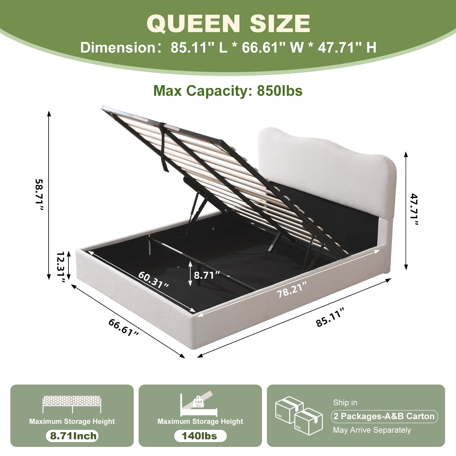 Queen Size Bed Frame with Lift Up Storage, Boucle Upholstered Platform Bed with Curved Headboard, No Box Spring Needed, Hydraulic Storage, White