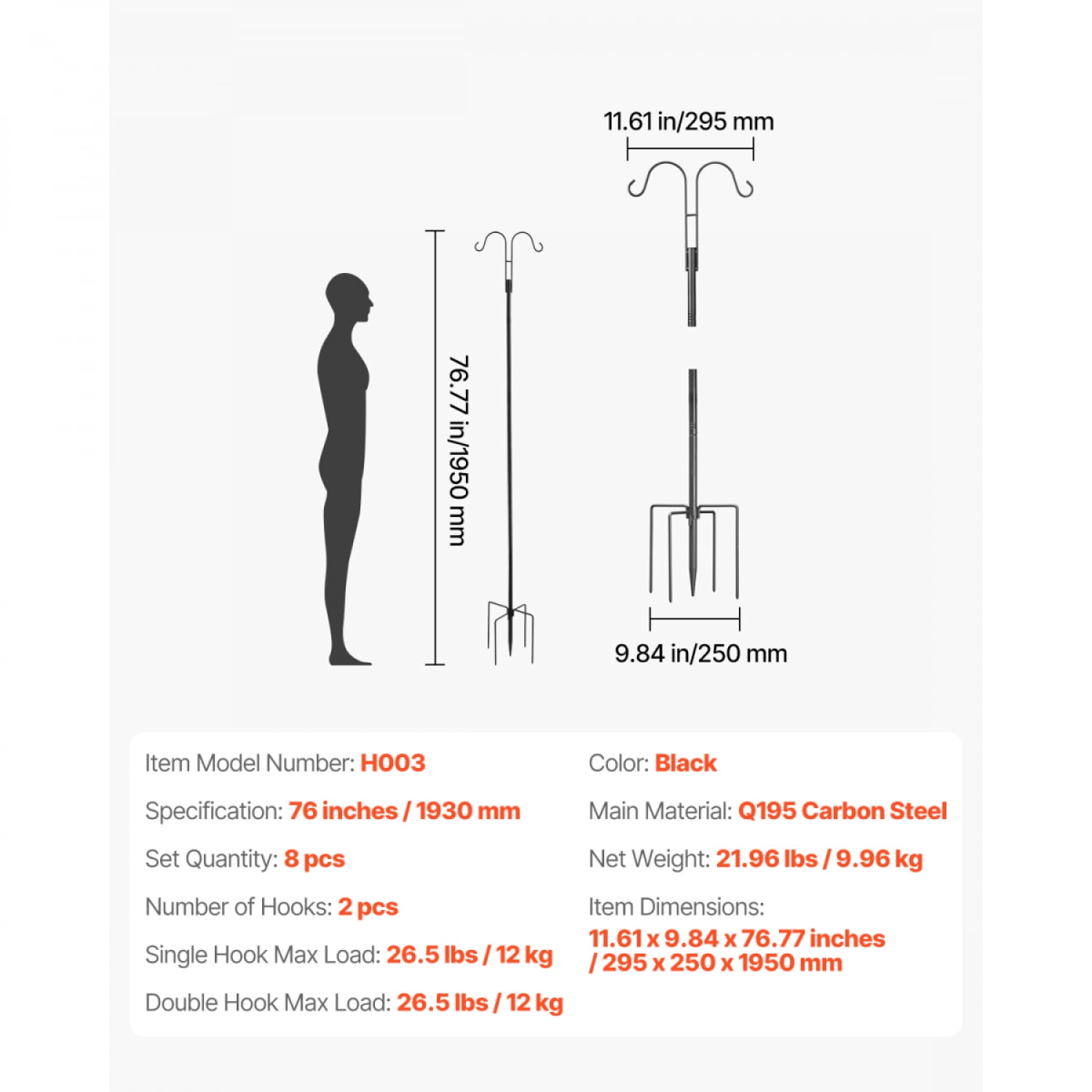 8 Pack Double Shepherds Hook 76 Inch Heavy Duty Steel Bird Feeder Pole Black Outdoor Garden Hanging Plant Hook