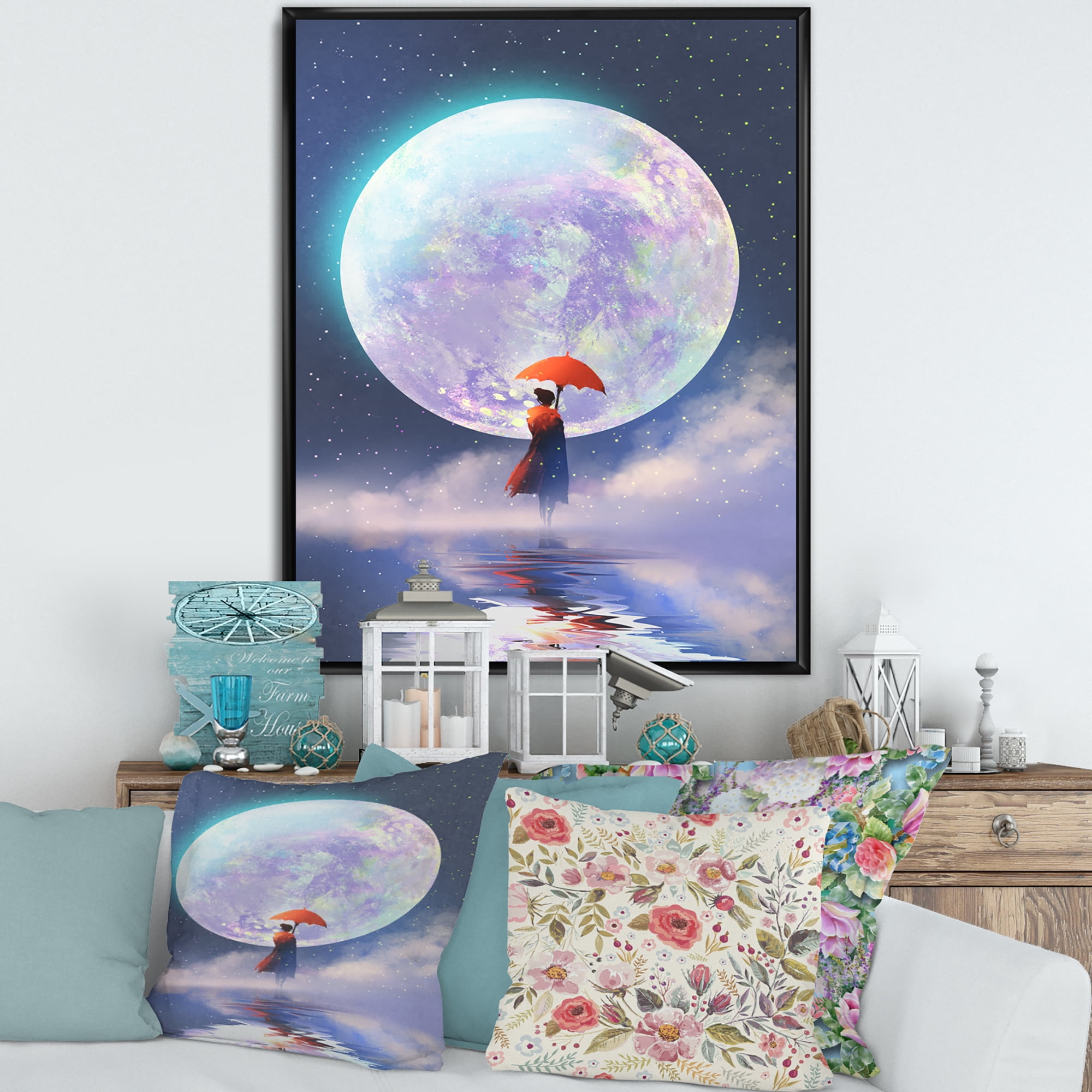 Designart 'Girl With Umbrella Standing On Water Against Moon' Traditional Framed Canvas Wall Art Print