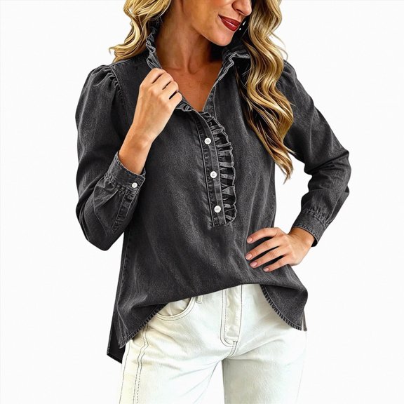 felwors Denim Women's Button Down Shirt with Ruffled Collar and Puff Long Sleeves for Casual Everyday Style Dark Gray for Size L
