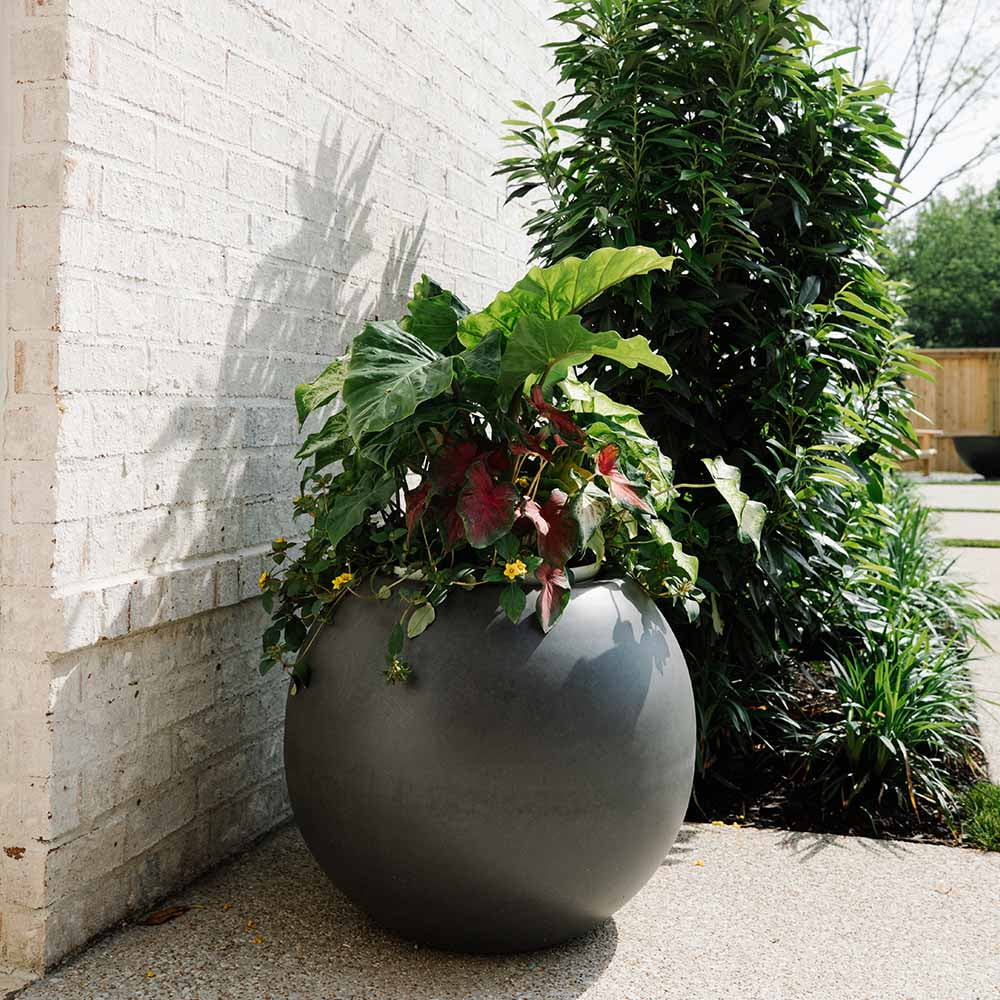 Ash & Ember Onyx 24" D Ceramic Indoor Outdoor Round Sphere Planter, Charcoal, Home Décor Evergreen Weather Resistant Modern Planter Pot