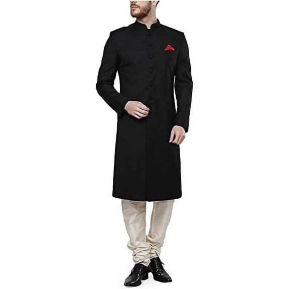 Royal Men's Suiting Kneelong Black Bandhgala Sherwani For Men