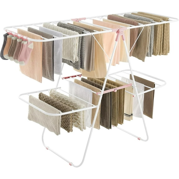 BOBOKY Clothes Drying Rack, Foldable 2-Level Laundry Drying Rack, Free-Standing Laundry Airer, with Height-Adjustable Wings, 33 Drying Rails, Sock Clips,White Pink