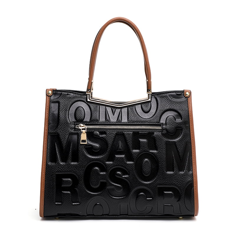 Genuine leather, letter-patterned tote handbag with cross-body strap, large capacity storage bag, wallet, purse