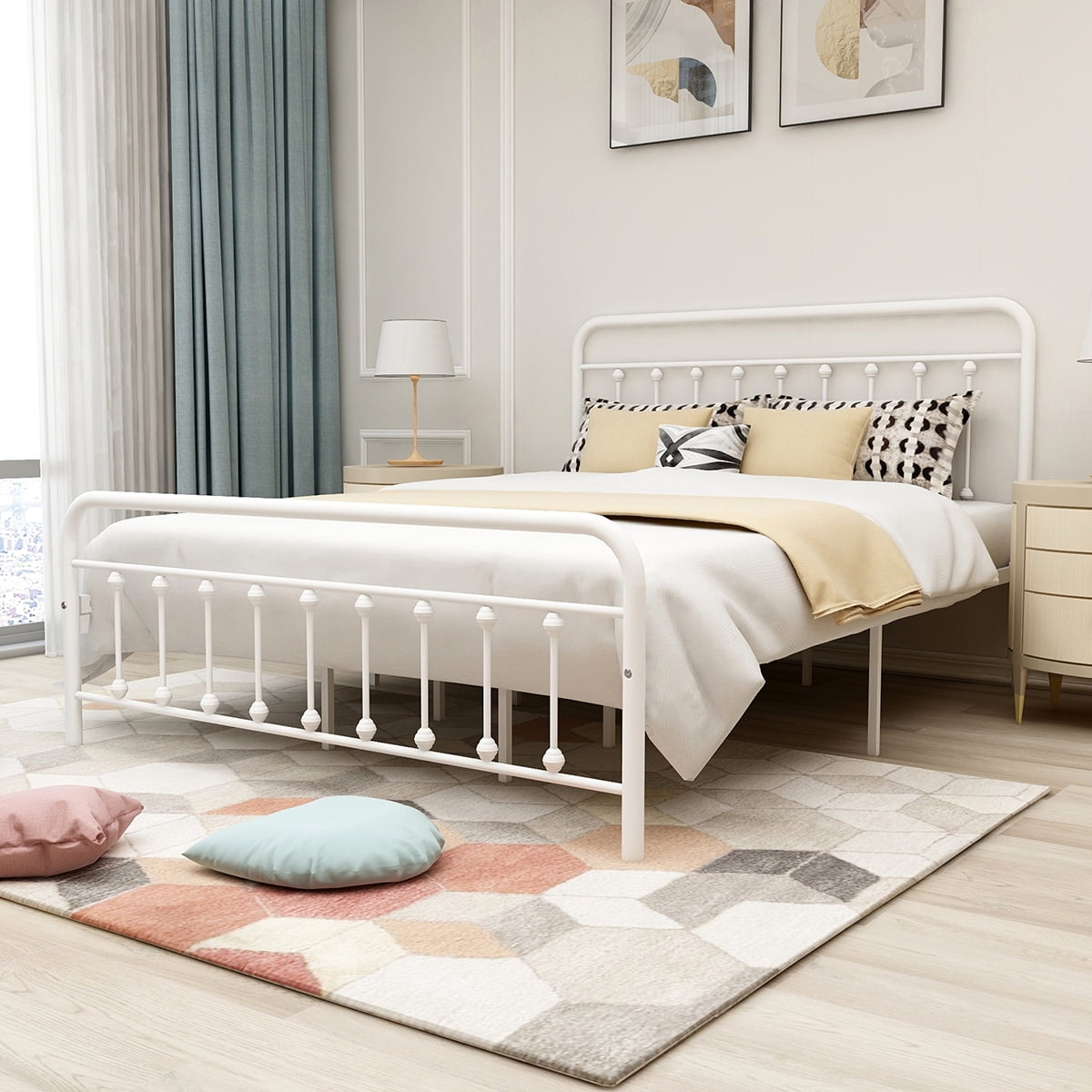 Heavy Duty Metal  Queen Bed Frame White, Noise-Free Platform Bed Frame, No Box Spring Needed, Easy Assembly with Underbed Storage