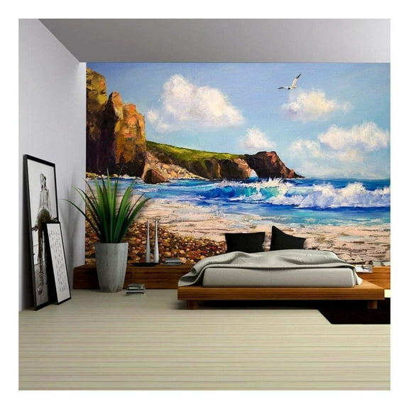 wall26 - Oil Painting on Canvas, Sea Landscape with Seagull - Removable Wall Mural | Self-Adhesive Large Wallpaper - 100x144 inches