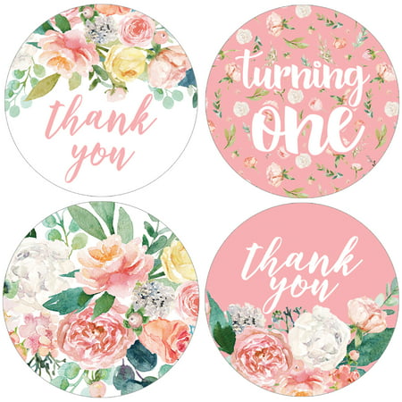 Girl 1st Birthday Favor Stickers 40 ct | 1 3/4 inch | Pink Floral Party Thank You Tag