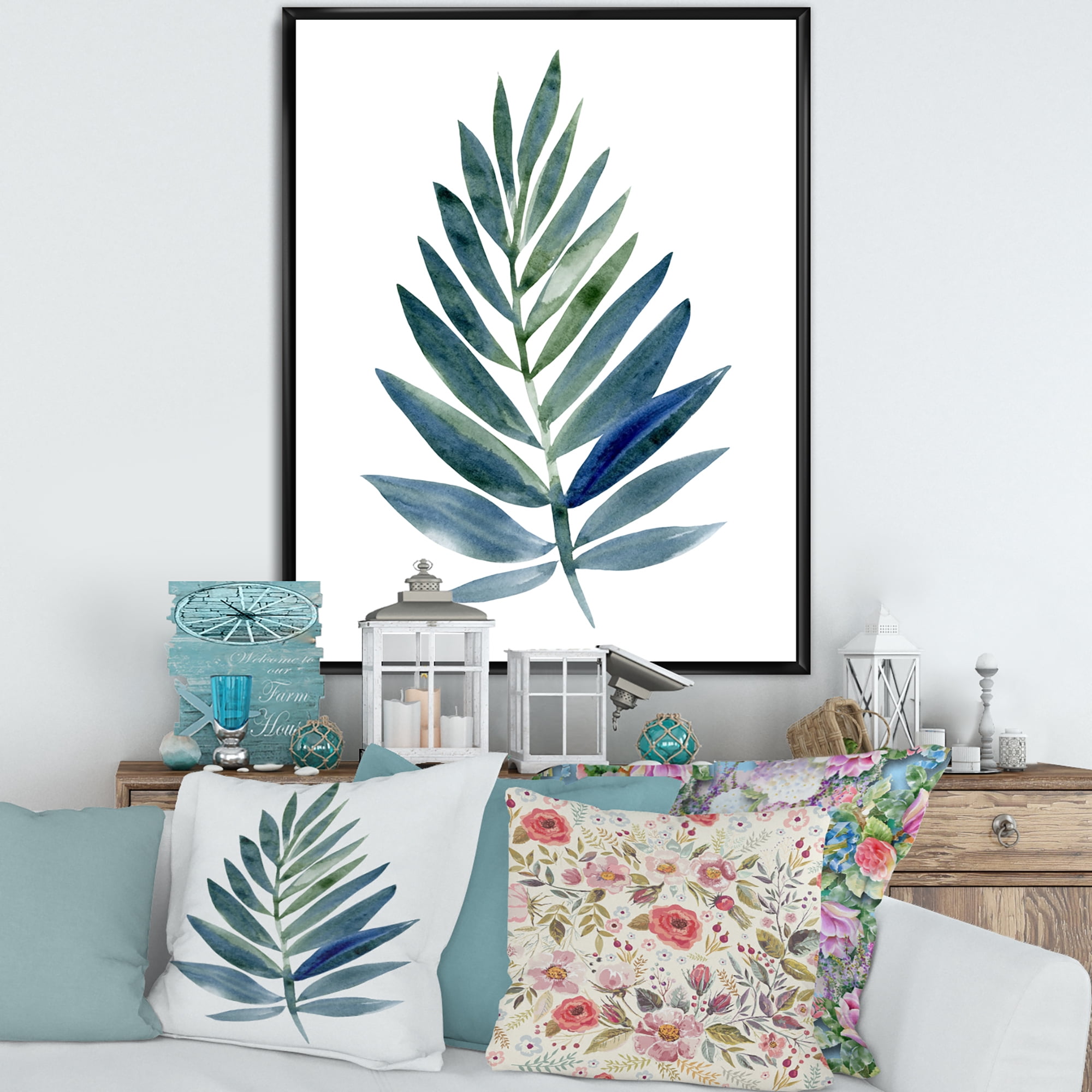 Designart 'Tropical Green Leaf On White' Farmhouse Framed Canvas Wall Art Print