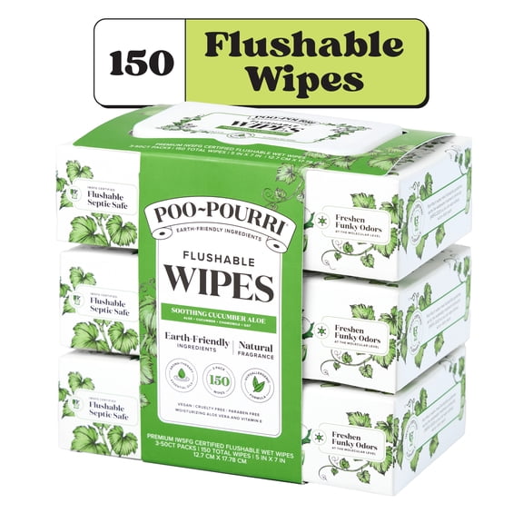 Poo~Pourri Flushable Wipes, Cucumber Aloe, 3-Pack 150ct