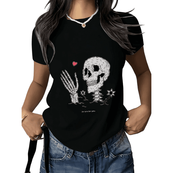 Cozymy Women's Gothic Skeleton Love Print Short Sleeve T-Shirt Cotton Casual Floral Tee