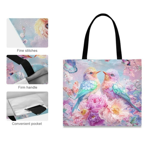 Canvas Tote Bag for Women Girls Design Print Pastel Birds and Butterflies Tote