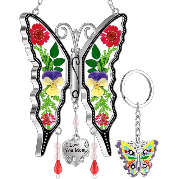 KY&BOSAM Silver Zircon & Stained Glass Butterfly Suncatcher & Keychain, Multicolor, 1