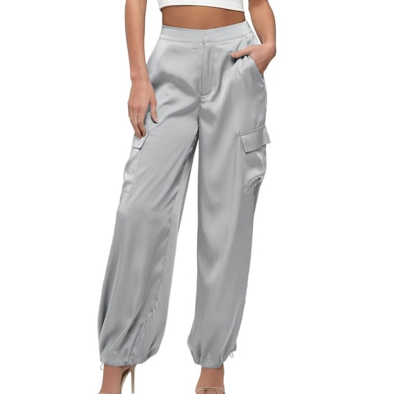 LWavelet Women's High Waist Satin Cargo Jogger Pants with Pockets for Casual & Evening Wear Gray M