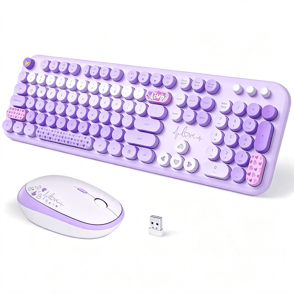 XIBUFE Wireless Keyboard and Mouse,Colorful Typewriter Retro Keyboard with Round Keycaps,2.4Ghz Usb Full-Size Keyboard and Mouse Set for Mac Pc Desktop Laptop (Purple Colorful)