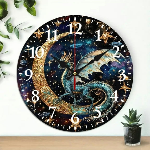 10 inch Wooden Wall Clock, dragon stars crescent Print, Silent Mechanical Movement Wall hanging decor - Perfect for Living Room, Dorm, Bedroom, Kitchen, Home Office & More, Wall Clock Living Room