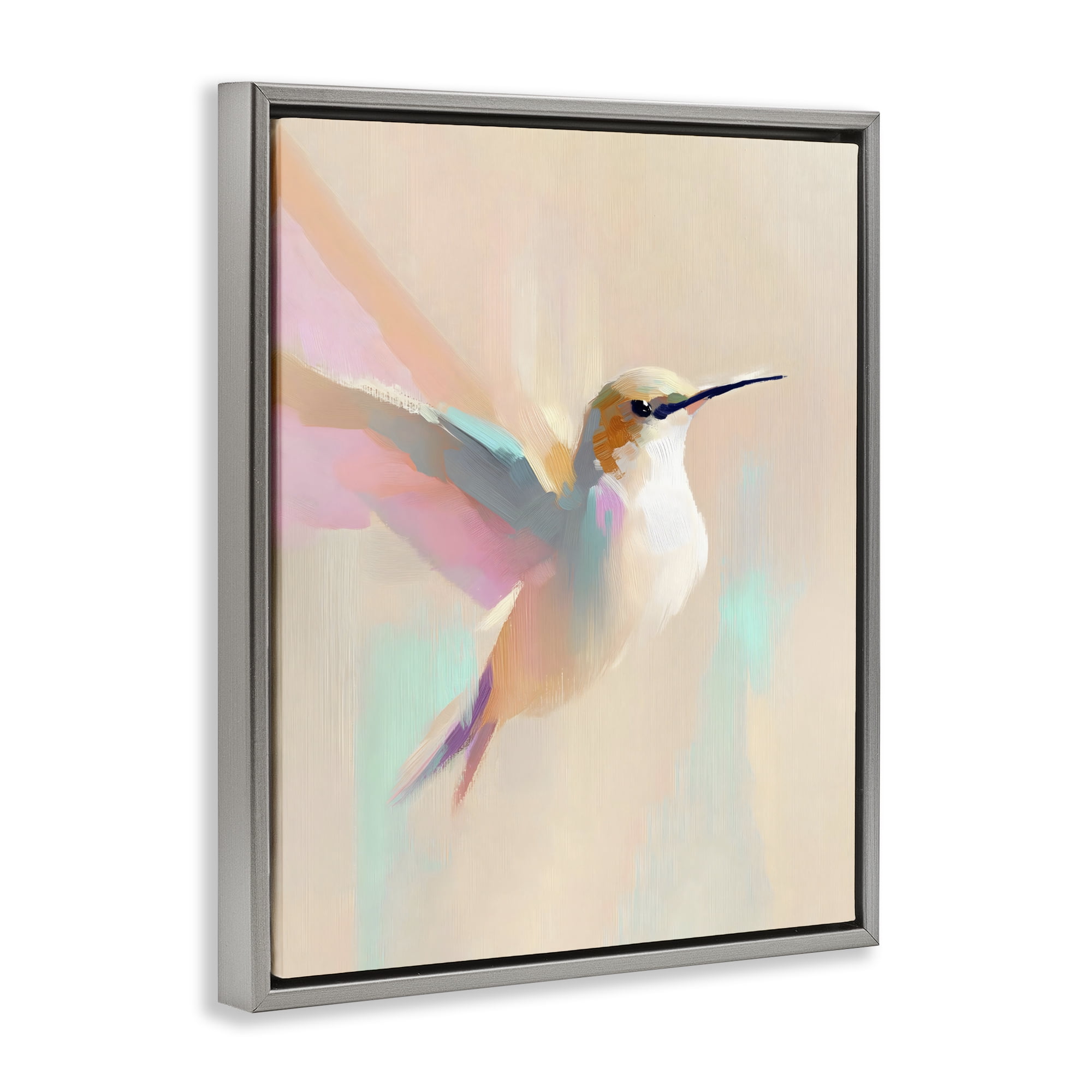Stupell Industries Pastel Hummingbird in Flight Gray Framed Floater Canvas Wall Art, design by The Prints Vibe