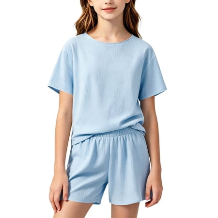 dazeni Girls 2 Piece Summer Outfits Tween 11-18 Years Short Sleeve Shirts Lightweight Casual Shorts Set Kids Cotton Linen Matching Sets Blue 17-18 Years
