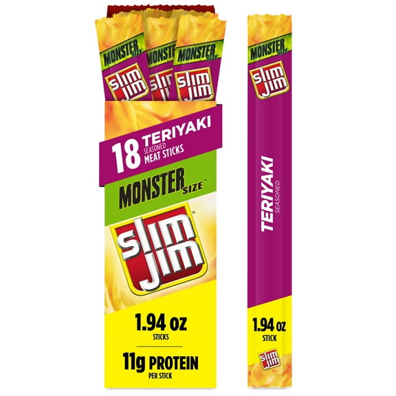Slim Jim Monster Smoked Meat Sticks, Teriyaki Seasoned, 11g Protein Per Stick, 1.94 oz. (18-Count)