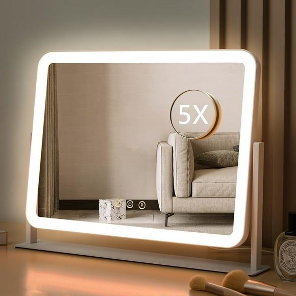 HIEEY Vanity Mirror with Lights, Lighted Makeup Mirror, Three Color Lighting Modes, and 5X Magnification Mirror, Smart Touch Control, 360°Rotation (15.7" x 11.8". White)