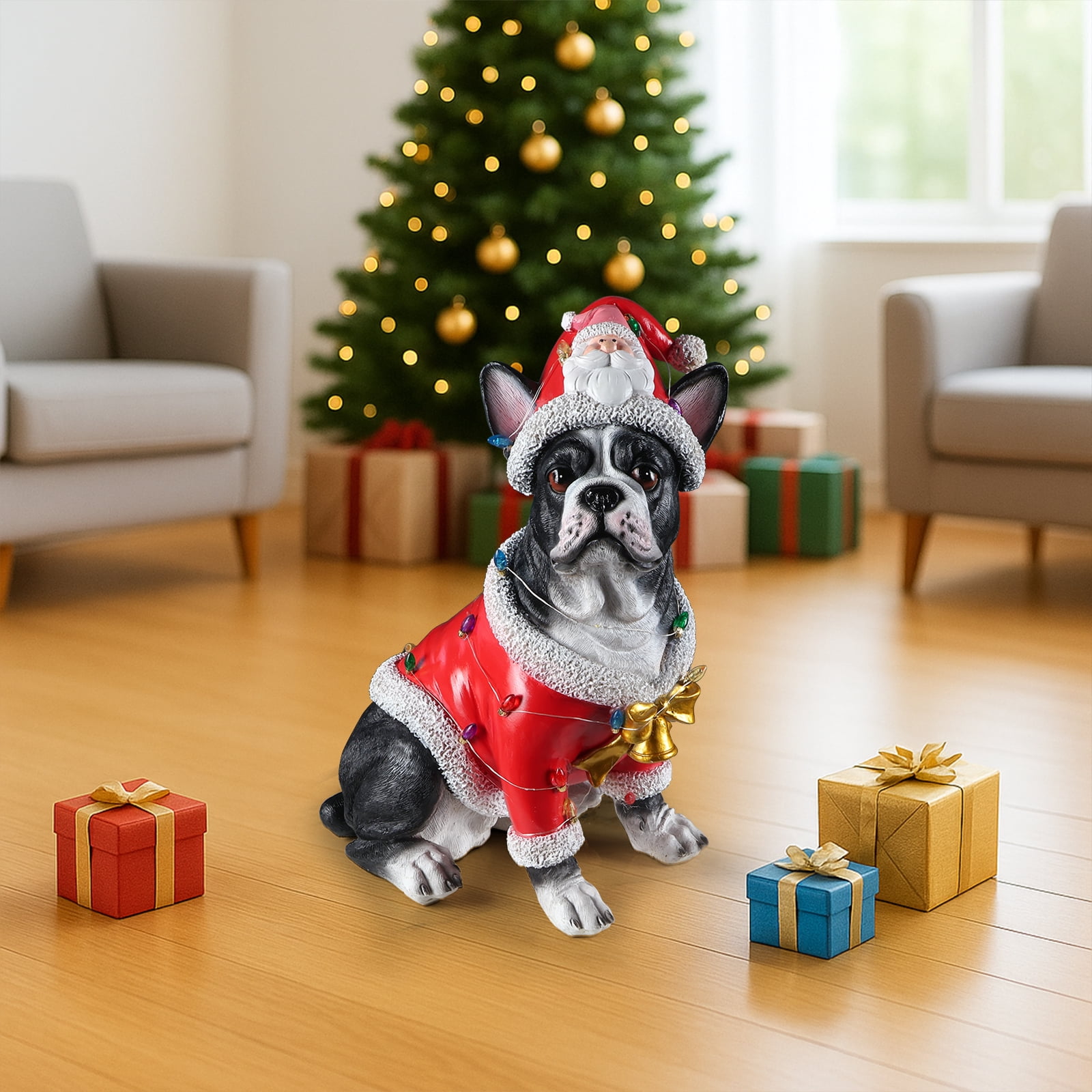 French Bulldog Santa Outfit Christmas Dog Statue with Santa Hat Bulb Accents Holiday Tabletop Decor