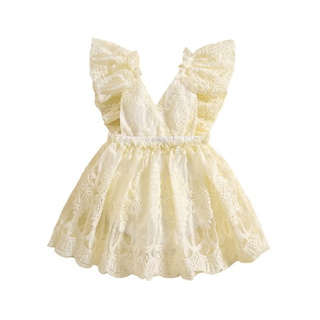 

Niceyoeuk Baby Girls Romper Dress Fly Sleeve V-neck Solid Lace Bodysuit