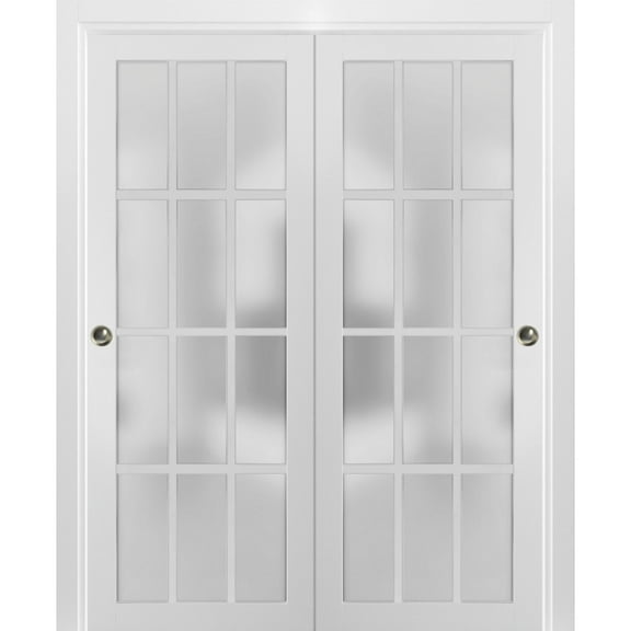 Sliding Closet Frosted Glass 12 Lites Bypass Doors 60 x 80 inches | Felicia 3312 Matte White | Sturdy Top Mount Rails Moldings Trims Hardware Set | Wood Solid Bedroom Wardrobe Doors