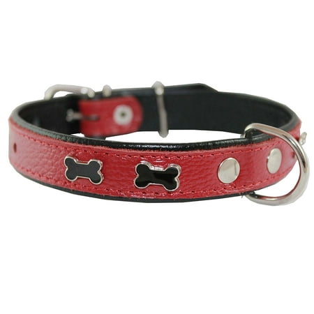 Bones Leather Dog Collar - Genuine High Quality Red Leather Metal Bone Studs Soft Red Leather Padded Dog Collar 5/8