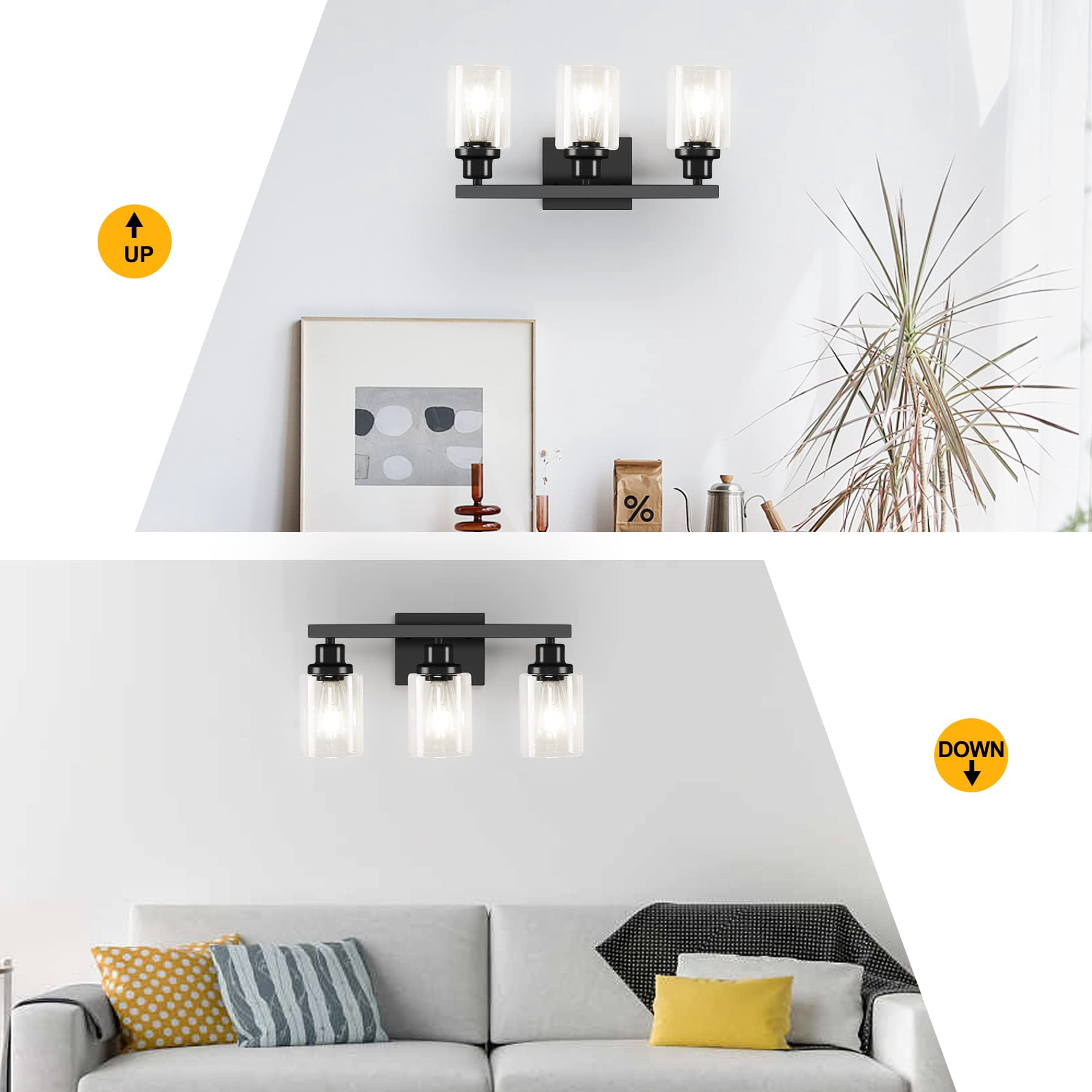 3-light Bathroom Light Fixtures  Black Vanity With Clear Glass Shade Modern Wall Lights Over Mirror Farmhouse Sconces Lighting For Bedroom Livingroom