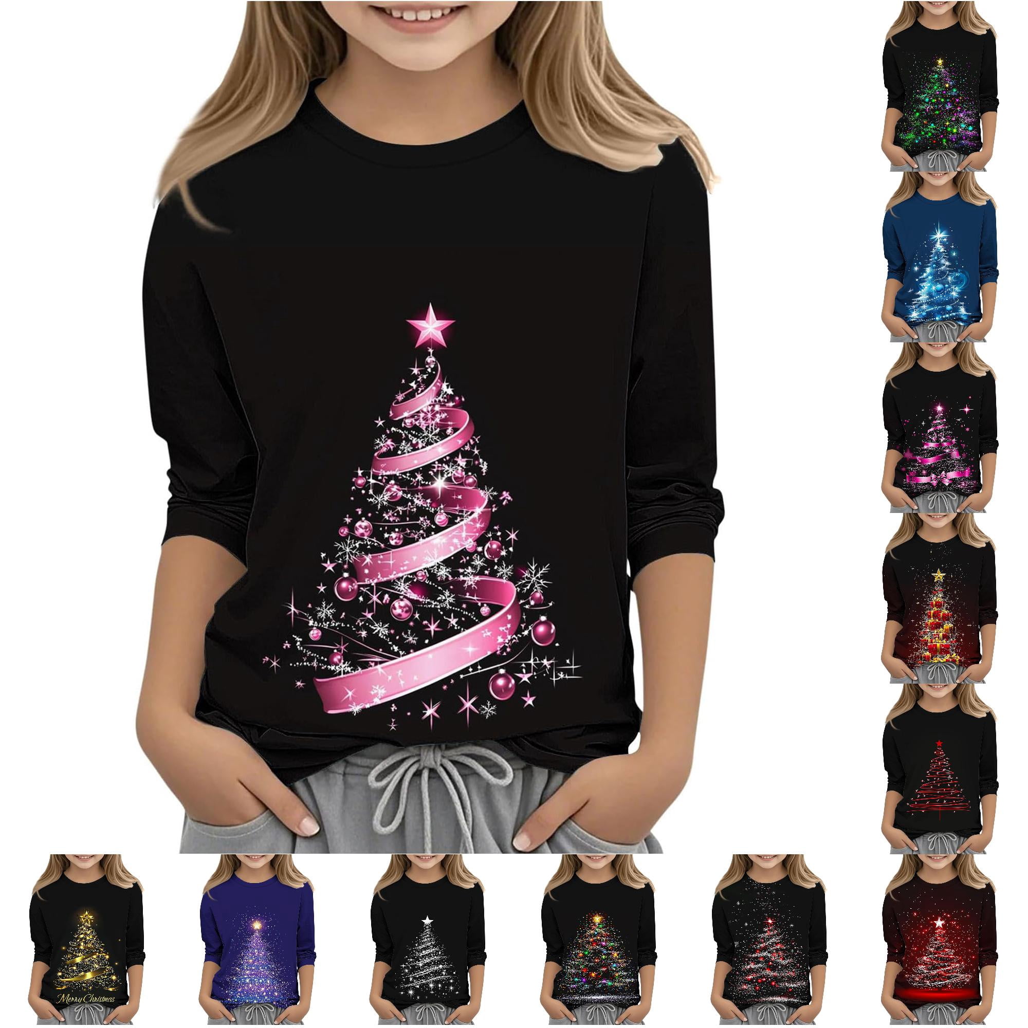 Ulitacool Tops For Girls Christmas Round Neck Long Sleeve Cartoon Graphic Xmas Sweatshirt 7-8 Years Pink