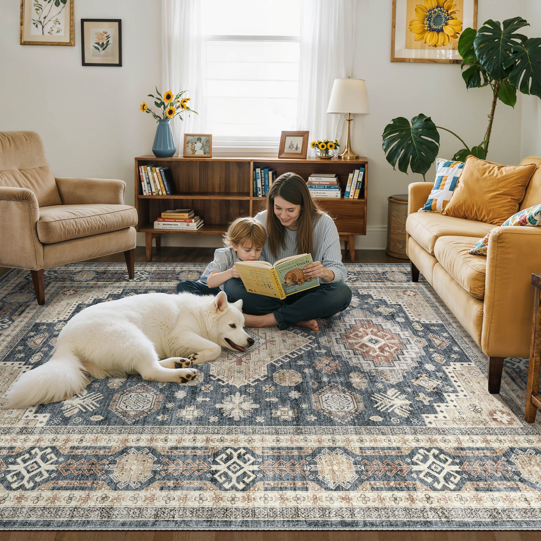 UERMEI 10'x14' Washable Area Rugs for Living Room, Modern and Vintage Non Slip Carpet, Low Pile Indoor Rug for Bedroom Home Decor Carpets, Blue Brown