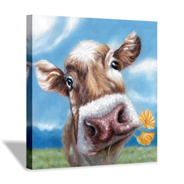 LIVEDITOR Farm Animal Cute Cow Biting Flowers Painting on Canvas Wall