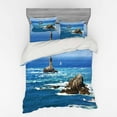 thumbnail image 2 of Lighthouse Duvet Cover Set, Daytime Lighthouse Wavy Ocean View and Clear Sky Rocky Islands Sailboat, Bedding Set with Shams and Fitted Sheet, 3 Sizes, by Ambesonne, 2 of 3