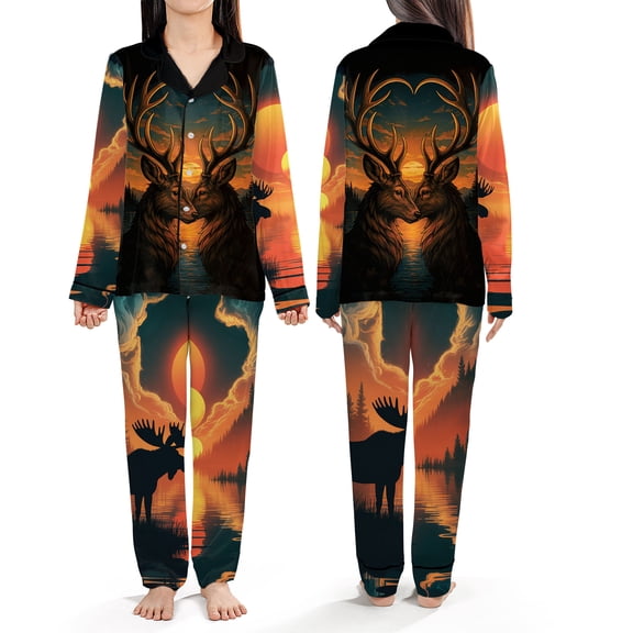 Stag Deer Print Pajamas – Peaceful Sunset Nature Theme Sleepwear, Christmas Gift for Nature Lovers