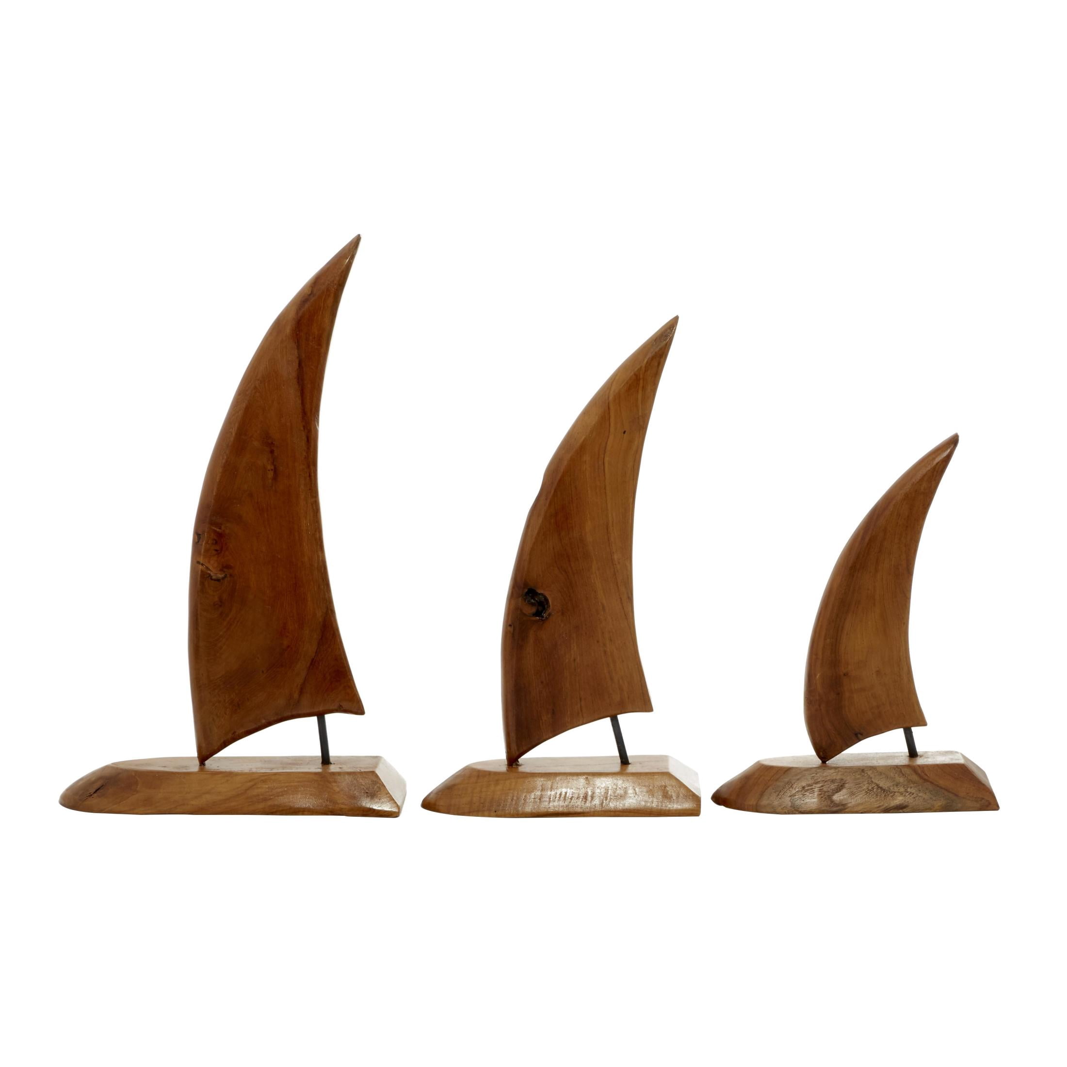 20", 17", 13"H Brown Teak Wood Handmade Sail Boat Sculpture, by DecMode (3 Count)
