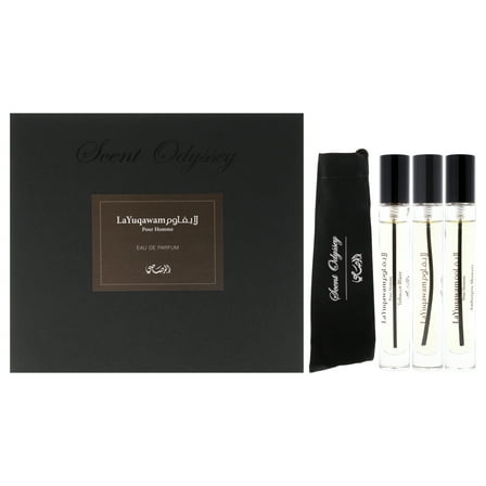Rasasi Scent Odyssey - La Yuqawam , 3 Pc Mini Gift Set 0.25oz LaYuqawam Pour Homme EDP Spray, 0.25oz Ambergris Showers EDP Spray, 0.25oz Tobacco Blaze EDP Spray