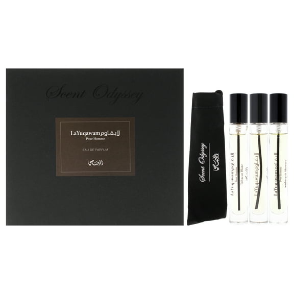 Rasasi Scent Odyssey - La Yuqawam , 3 Pc Mini Gift Set 0.25oz LaYuqawam Pour Homme EDP Spray, 0.25oz Ambergris Showers EDP Spray, 0.25oz Tobacco Blaze EDP Spray