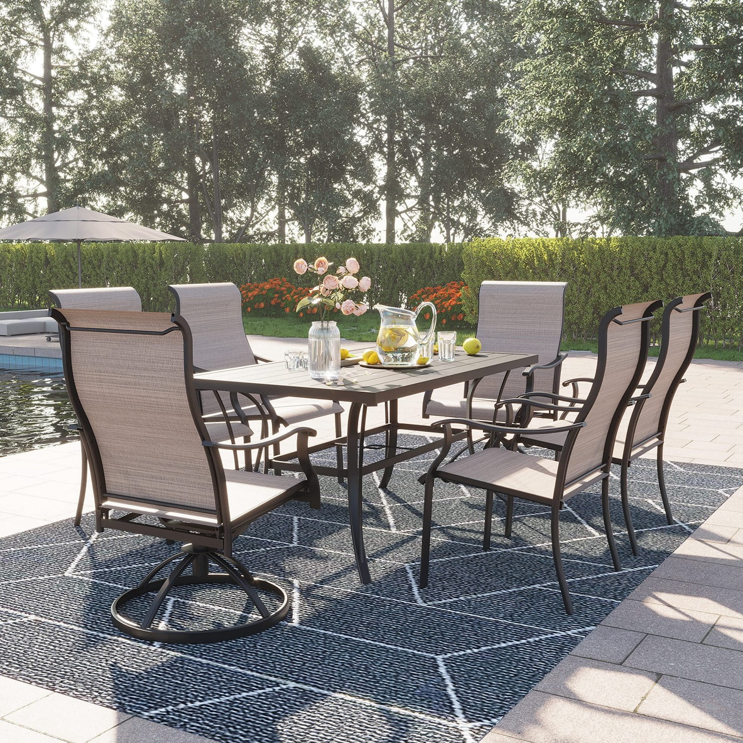 Patio Dining Table for 6, 60" Outdoor Metal Steel Slat Table with 2" Umbrella Hole, Backyard Garden Porch Dining Furniture, Dark Brown